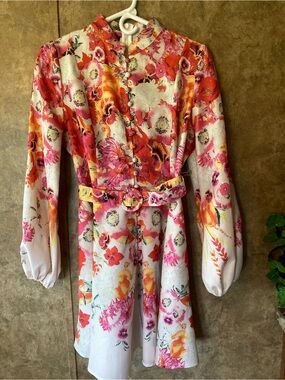 Dalia MacPhee L Floral Dress Belted Long Sleeve Fit Flare Garden Party Boho